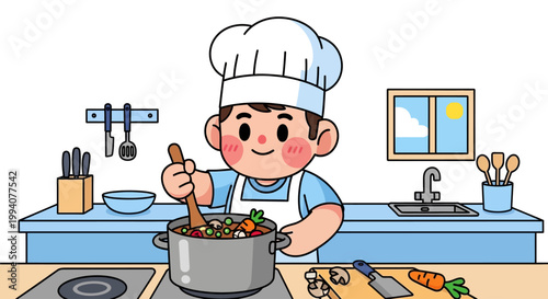 A cheerful cartoon chef character cooks food in a kitchen, wearing an apron and chef hat, with bright colors and a white background.