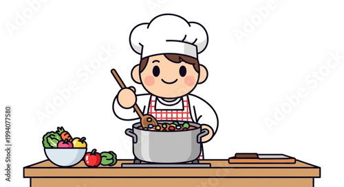 A cartoon chef character in a white kitchen, wearing an apron and chef hat, cooking food in a pot on a wooden counter with bright colors and a white background.