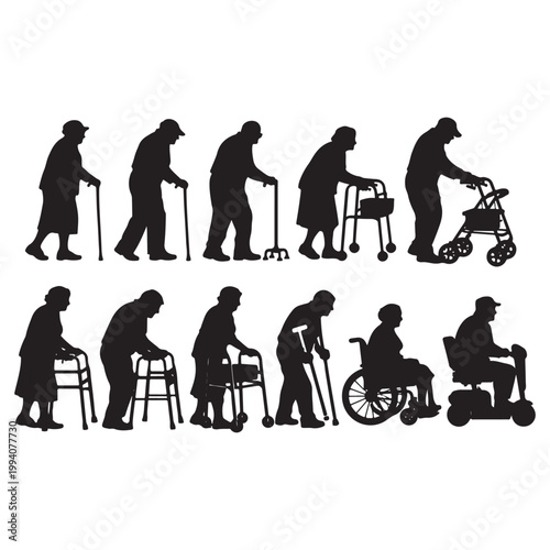 Elderly People Walking Aid Silhouettes – Senior Vector Collection