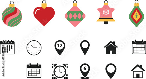 Holiday ornament and essential interface icon set featuring Christmas decorations calendar clock location home and scheduling elements in flat vector style