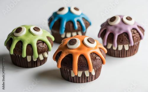 Four monster cupcakes with colorful frosting and candy eyes