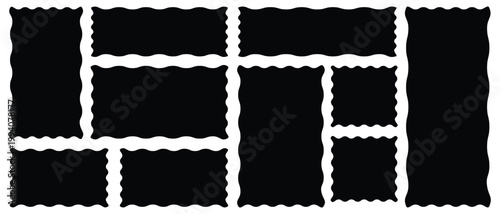 Rectangle shape frame with zigzag edge. Geometric zig zag wavy edge stickers, frames, wavy, zigzag frame, zigzag edge, Torn paper, jagged rectangular shape box element set with zigzag edges. 
