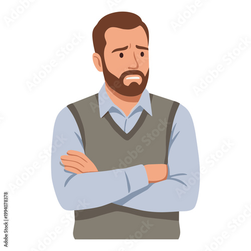 An illustration of a man with a beard looking unhappy with his arms crossed.