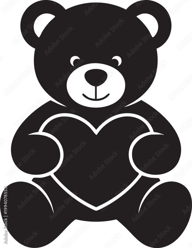 Obraz premium Black bear, cute teddy bear, heart shape, love symbol, vector icon