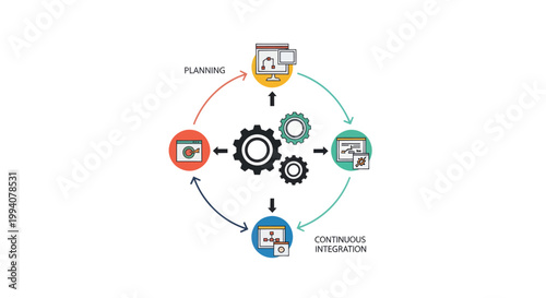 Business process automation with gears and workflow icons.