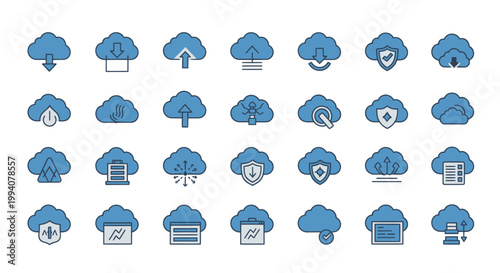 Cloud Computing Icons Set for Data Storage and Network Security.