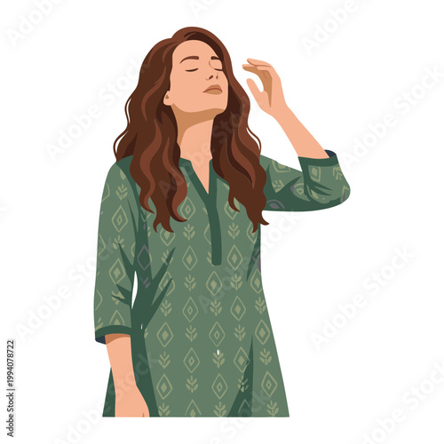 An illustration of a woman wearing green adjusting her hair indoors