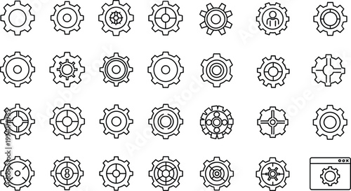Minimal outline gear icon set featuring mechanical engineering settings system configuration and automation symbols for modern web and app interface design