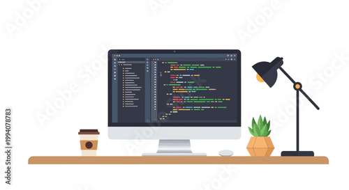 Modern Computer Monitor Displaying Code on a Wooden Desk with Coffee and Plant.