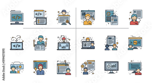 Set of Programming and Coding Icons with Computers and People.