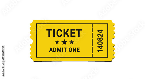 Yellow admit one ticket with black text and stars vector graphic design