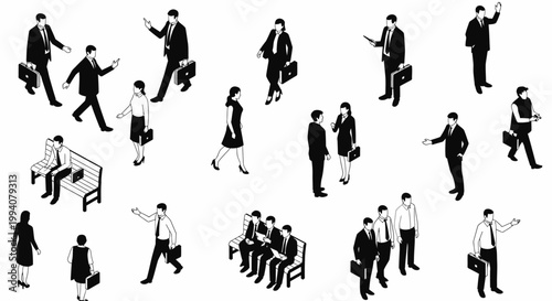 isometric black silhouette business people in suits with briefcases for corporate concepts