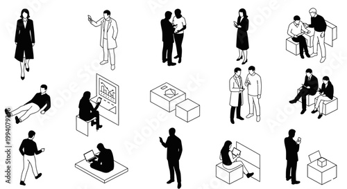 isometric people silhouettes in business technology and lifestyle scenes