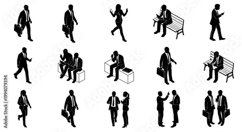 business people isometric vector silhouettes depicting diverse professionals in daily work life communicating and collaborating with digital technology.