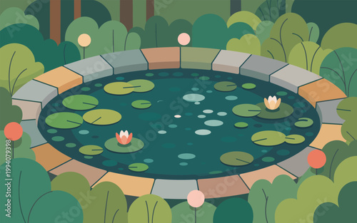A serene garden pond scene with lily pads and flowers surrounded by lush greenery and stone walls.