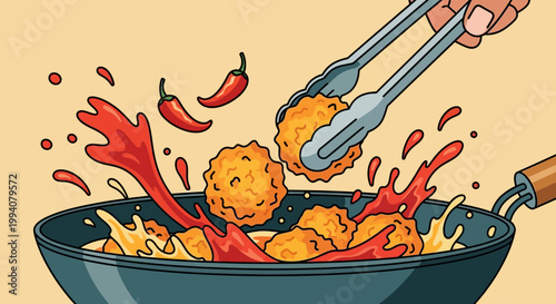 Vector Illustration of Chef Stir Frying Spicy Food in Wok with Chili Peppers