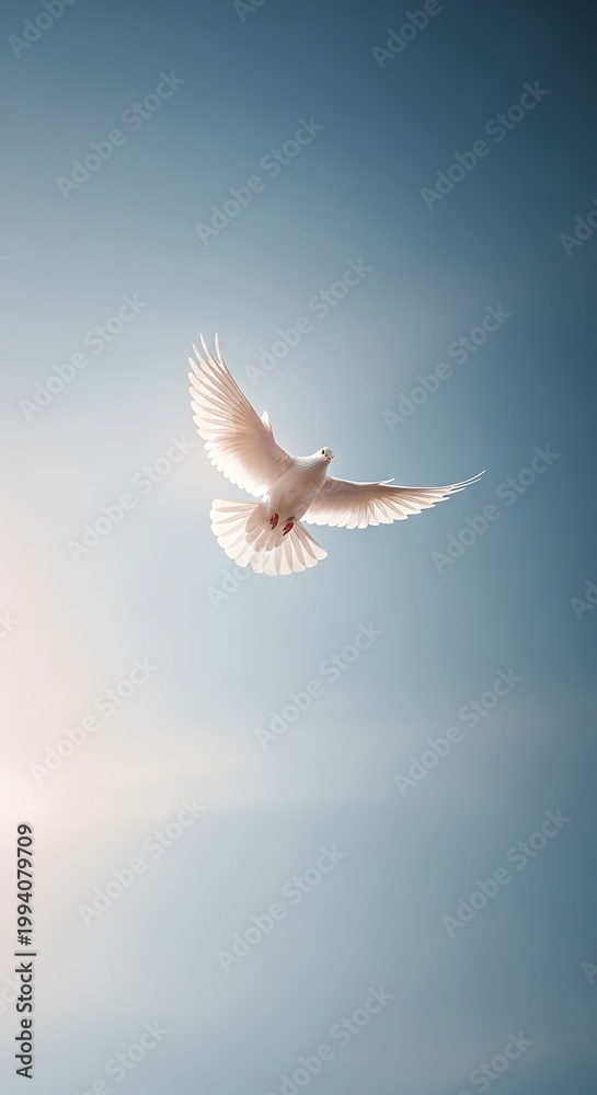 Obraz premium A solitary white dove soars gracefully through a clear blue sky, bathed in the soft glow of sunlight