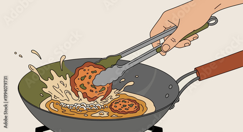 Flat illustration of hand using tongs to deep fry food patties in a wok