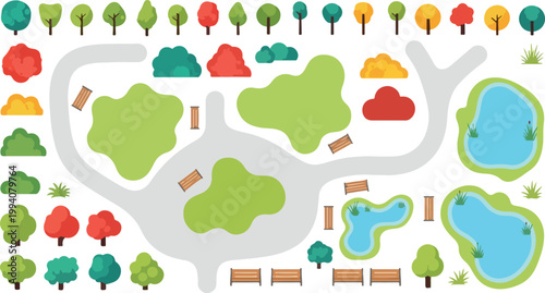 Flat vector park map elements, city garden landscape kit with trees and ponds, outdoor public space construction set for urban planning