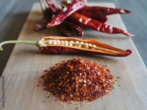 Dried chili peppers and chili flakes on a wooden cutting board