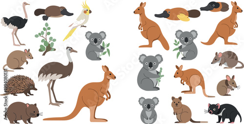 Cute Australian Wildlife Animal Collection with Kangaroo Koala Emu Wombat Echidna Platypus and Cockatoo Flat Cartoon Vector Illustration Set Isolated on White Background