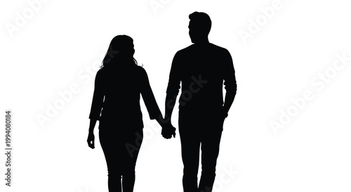 Silhouette of a romantic couple walking hand in hand in love and relationship, a symbolic representation of togetherness and partnership in a vector graphic illustration.