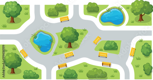 Top-down city park map vector, green public garden landscape with walking paths and ponds, urban recreation area with trees and benches