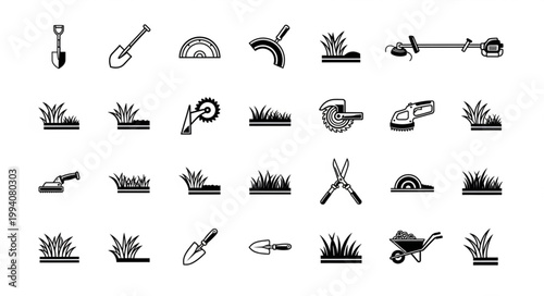 Collection of Garden Tools and Grass Icons.