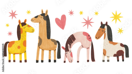Colorful cartoon horses with hearts and stars floating around them Vector