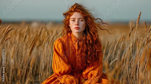 A captivating portrait of a red-haired woman amidst a sun-drenched wheat field evokes feelings of serenity and natural beauty, perfect for lifestyle m