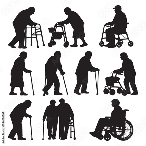 Elderly People Walking Aid Silhouettes – Senior Vector Collection