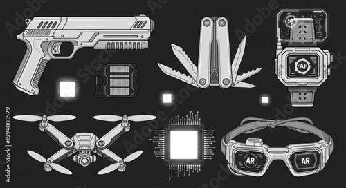 Collection of Futuristic Gadgets and Technology Objects.