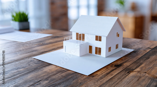 Paper house model on wooden table