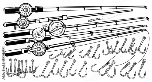 Vintage Fishing Rods and Hooks Illustration.