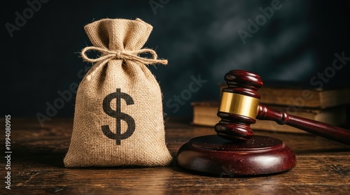 A money bag with dollar sign and a judges gavel sit together on a wooden table