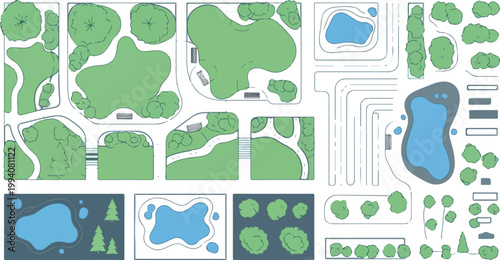Landscape design vector elements, city park map constructor with green trees and blue ponds, urban garden planning kit for architectural site plans