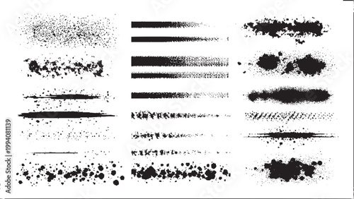 Black ink stain collection with graffiti texture Grunge liquid splash shapes isolated on white background