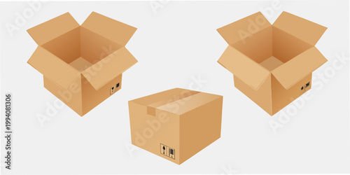 Three cardboard boxes in varying states of assembly are displayed