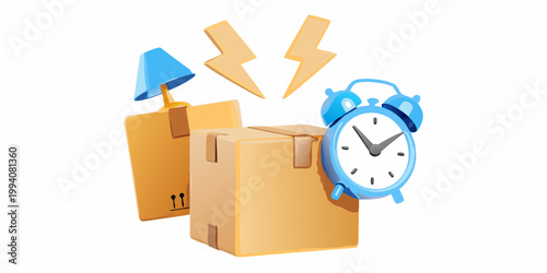 Fast delivery concept with lamp clock and cardboard boxes illustration