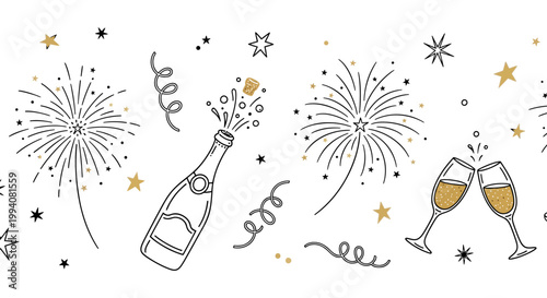 new years eve celebration festive pattern with hand-drawn fireworks champagne bottle and stars for party design projects