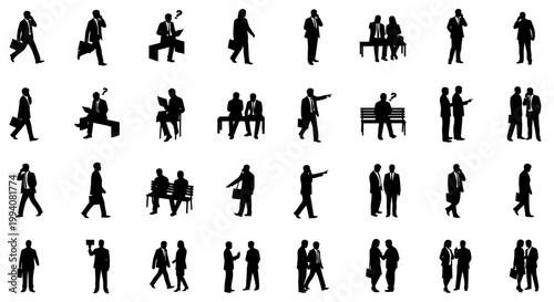 business people silhouette vector icon set with professionals walking working on laptops and communicating