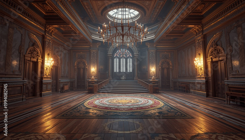 A luxurious interior of an opulent ballroom with a grand chandelier