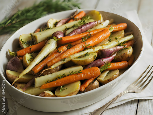 Roasted root vegetables with carrots and potatoes in a white ceramic dish