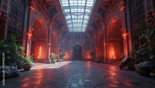 A grand interior of an ornate building with a glass ceiling and potted plants