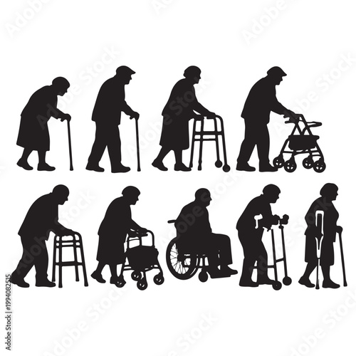 Elderly People Walking Aid Silhouettes – Senior Vector Collection
