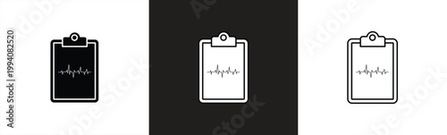 Medical clipboard icon set with heart rate graph. Symbol for medical history, cardiogram results, and health reports. Vector illustration.