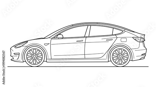 Side profile line drawing of a contemporary sedan, a clean and detailed vehicle illustration ideal for automotive design projects