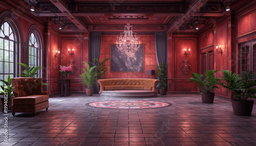 A luxurious red room with a chandelier and potted plants