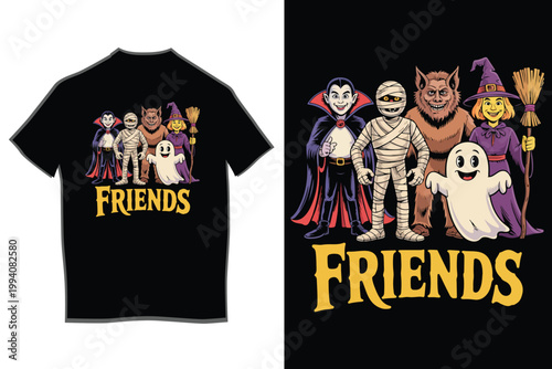 Cute Halloween Friends Cartoon Characters T-Shirt Design with Vampire Mummy Werewolf Witch and Ghost Illustration