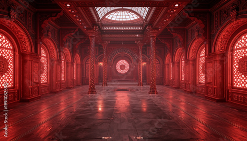 A large, ornate, red room with arched windows and a high ceiling